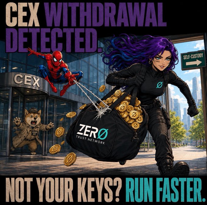 A comic-style graphic titled 'CEX WITHDRAWAL DETECTED' featuring a woman with purple hair running with a duffel bag labeled 'ZERO TRUST NETWORK' filled with gold coins, while Spider-Man swings nearby and a bear character exits a 'CEX' building, with the caption 'NOT YOUR KEYS? RUN FASTER.'