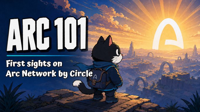 A cartoon cat explorer with a backpack stands on a cliff overlooking a vast fantasy landscape dotted with arch-shaped structures, with the text "ARC 101 - First sights on Arc Network by Circle" displayed prominently, visually introducing Circle's Arc Network and its visionary founding validators including BlackRock, Visa, and Mastercard.