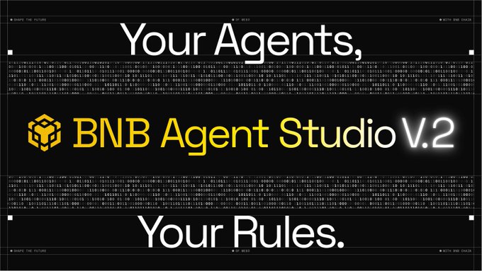 A bold promotional graphic for "BNB Agent Studio V.2" with the tagline "Your Agents, Your Rules." displayed against a black background of scrolling binary code. The image visually reinforces the post's message about AI agents becoming self-sufficient by introducing the v2 platform that enables automated agents to generate their own income on BNB Chain.