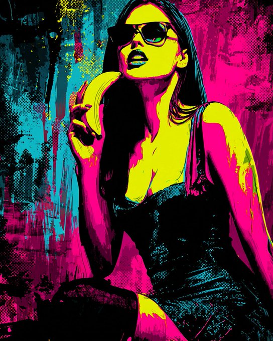 A stylized pop-art illustration in neon yellow, pink, and teal depicts a woman wearing sunglasses and holding a banana.