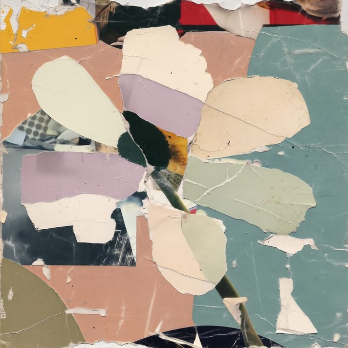 A torn, weathered poster or collage with peeling pieces of paper in shades of pink, yellow, green, and blue, revealing fragmented layers underneath.