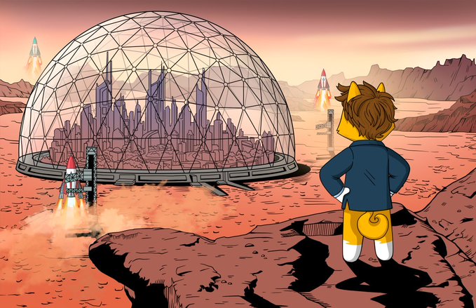 The image features a cartoon character, possibly a dog or a cat, standing on top of a cliff overlooking a city with buildings that appear to be made of glass. The caption "Mars is my home" suggests that this scene takes place in a futuristic setting where Mars serves as the planet's residence and the city represents human habitation.