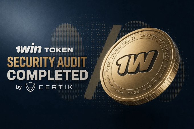A promotional graphic announcing that 1Win Token (1WIN) has successfully completed a security audit by Certik, featuring the "1WIN TOKEN SECURITY AUDIT COMPLETED by CERTIK" text alongside a gold coin engraved with "1WIN VERIFIED IN CRYPTO WE TRUST," "SUPER CHARGING 2026," and "PROOF OF SUCCESS." The image visually reinforces the milestone mentioned in the post, highlighting the project's credibility through one of the two completed audits (Halborn and CertiK) as it moves toward its anticipated exchange listing.