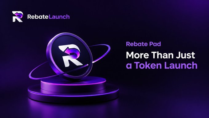 Purple promotional banner for “RebateLaunch” and “Rebate Pad,” featuring a stylized “R” token-like emblem and the text “More Than Just a Token Launch.”