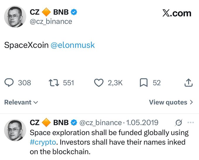 A screenshot of CZ (Binance) on X.com tweeting 'SpaceXcoin @elonmusk', referencing his 2019 tweet about funding space exploration globally using #crypto with investor names on the blockchain.