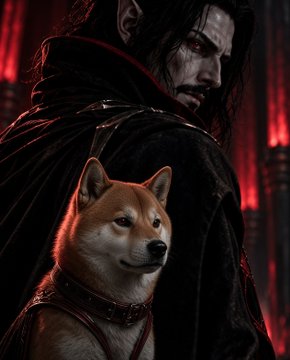 A dark, cinematic illustration featuring a man with long dark hair in a black cloak (resembling Morbius or a vampire) standing behind a Shiba Inu dog wearing a spiked collar, with red lighting in the background.
