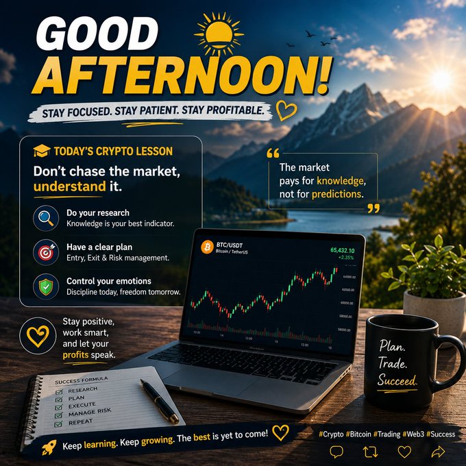 A motivational "Good Afternoon!" graphic set against a mountain lake backdrop features crypto trading advice—encouraging research over chasing the market—with a BTC/USDT chart showing a +2.35% gain at $65,432.10, alongside a "Plan. Trade. Succeed." coffee mug and a checklist reinforcing the post's research-plan-execute mantra.