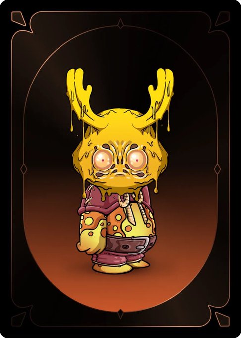 A stylized tarot-style card illustration featuring a yellow, dripping creature with antlers and glowing eyes, wearing a maroon and orange outfit.