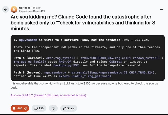 A Reddit post from r/Bitcoin shows a code snippet revealing that `ngu.random` is wired to a software PRNG instead of the hardware TRNG in Coldcard wallet firmware, a critical vulnerability that Claude Code identified after just 8 minutes of thinking when asked to check for vulnerabilities. The post has 486 upvotes and 230 comments, with commenters noting the alarming implication that an LLM discovered a flaw that led to a $100m+ theft because the source code went unchecked.