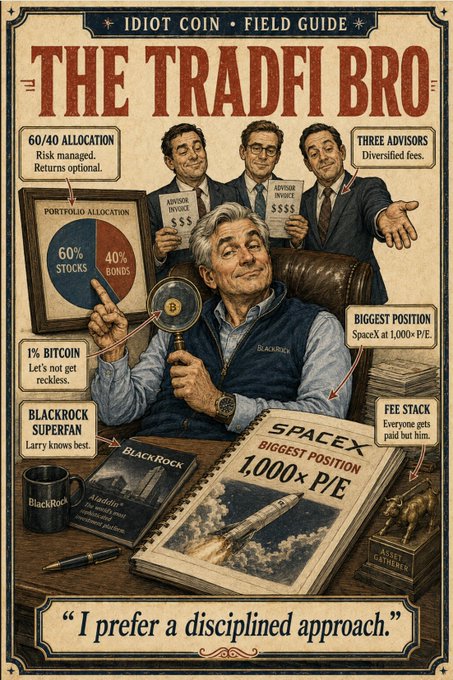 A satirical "Idiot Coin Field Guide" poster titled "THE TRADFI BRO" depicts a smug finance executive in a BlackRock vest surrounded by advisors pointing to a 60/40 portfolio chart, a 1% Bitcoin allocation magnifying glass, and SpaceX (1,000× P/E) materials, with captions mocking his "disciplined approach" despite holding overpriced assets. The post announces a limited NFT drop (125,000 IDIOT, series of 10), aligning with the image's meme-style critique of TradFi hypocrisy.