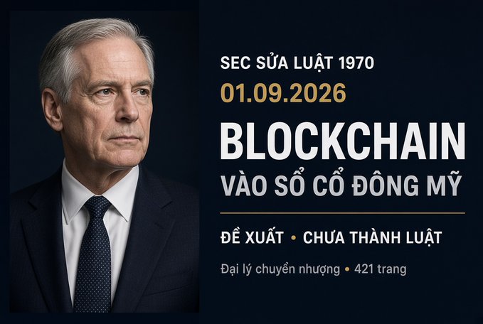 A Vietnamese-language informational graphic about the SEC amending 1970 law on '01.09.2026' to bring blockchain into the US shareholder registry, featuring a portrait of a man in a suit.