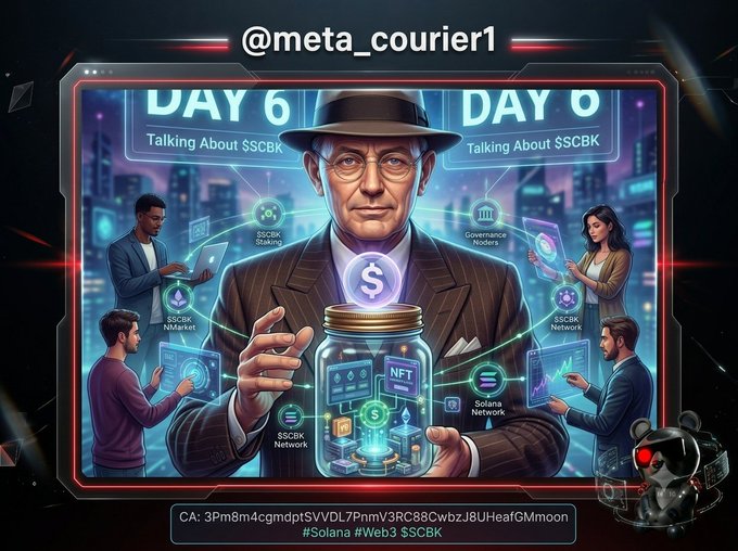 A promotional graphic with the handle '@meta_courier1' featuring a man in a hat holding a jar of digital assets, surrounded by text including 'DAY 6', 'DAY 8', 'Talking About $SCBK', 'Solana Network', and a contract address beginning with 'CA: 3Pm8m4cgmdptSVVDL7PnmV3RC88CwbzJ8UHeafGMmoon' with hashtags '#Solana #Web3 $SCBK'.
