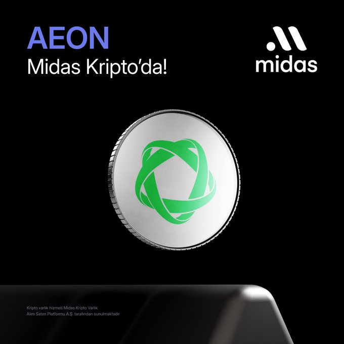 Promotional image announcing AEON's listing on Midas Kripto, featuring a silver coin with a green geometric logo in the center against a black background, with "AEON" and "Midas Kripto'da!" displayed in the top left and the Midas logo in the top right. A disclaimer at the bottom notes the crypto is provided by Midas Kripto Varlık Alım Satım Platformu A.Ş.