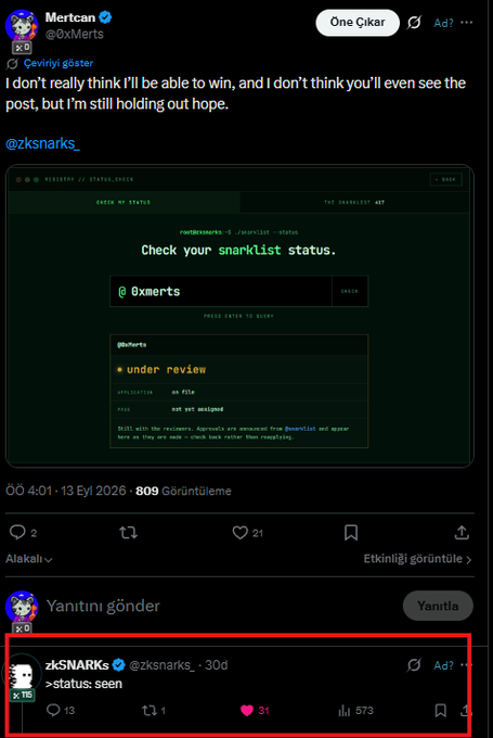 A X (Twitter) post by Mertcan (@0xMerts) about a Cevinyi göster giveaway, showing a snarklist status check, with a reply from @zksnarks highlighted in red reading '>status: seen'.