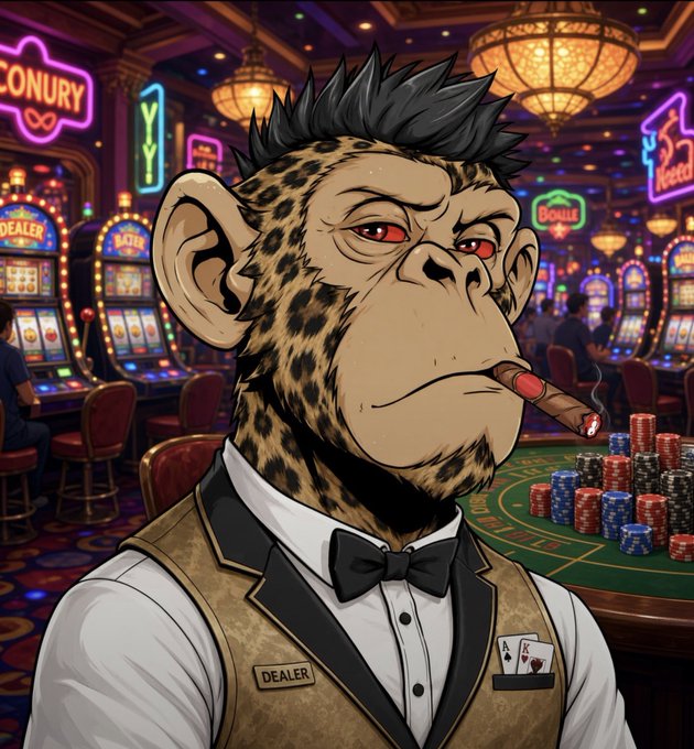 An illustrated anthropomorphic cheetah dressed as a casino dealer smokes a cigar in a vibrant casino setting, wearing a vest labeled 'DEALER' with playing cards tucked in.
