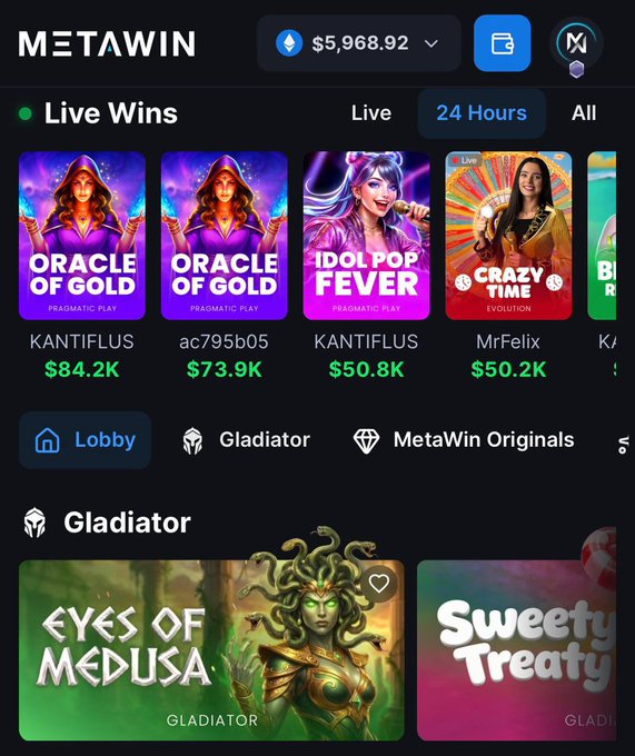 The MetaWin platform displays live wins and games, with a displayed balance of $5,968.92, complementing the post's offer for 100% deposit matching up to $1k with code 'X100'.