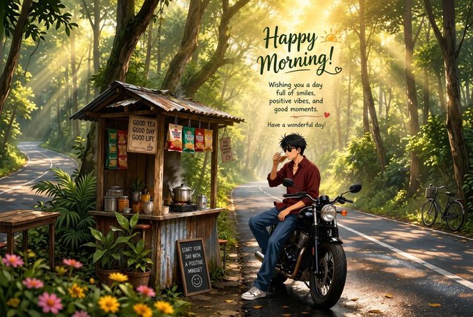 An anime-style illustration shows a young man on a motorcycle at a roadside tea stall on a sunlit forest road, with text reading 'Happy Morning! Wishing you a day full of smiles, positive vibes, and good moments. Have a wonderful day!' and signs saying 'GOOD TEA GOOD DAY' and 'START YOUR DAY WITH A POSITIVE MINDSET'.
