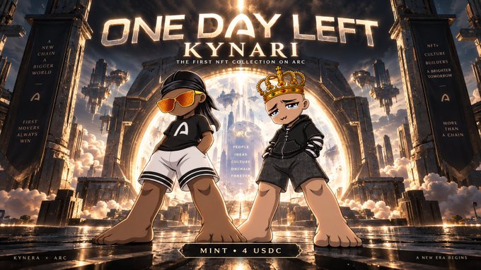 Promotional artwork for the "KYNARI" NFT collection on Arc, featuring two stylized characters—one with sunglasses and the letter "A" on their shirt, the other wearing a crown—standing in front of a grand, futuristic gateway, with the text "ONE DAY LEFT" prominently displayed and minting details "MINT • 4 USDC" shown below.