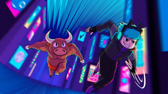 A confident blue-haired gamer with cat-ear headphones sprints forward in a neon-lit digital arena alongside a fierce, red bull with glowing white horns. The dynamic, action-packed scene visually captures the excitement and "big day" energy described in the accompanying post about Gvolt.