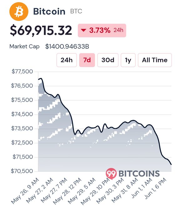 The image shows a graph with Bitcoin trading prices at different points during the day. The graph displays the price of Bitcoins, which is currently at $69.97, falling from $72.78 to $73.71 over the past 24 hours. This decline in value has led to some investors selling their Bitcoin holdings, resulting in a drop in the market's total crypto capitalization. Additionally, the price of Ether (ETH) has dropped by 2.5% overnight, dropping below $2,975 from its key support at $2,976 and staying there until this morning. The graph provides insight into the trading activity surrounding these digital assets during the week, highlighting a significant drop in Bitcoin prices compared to Ether's performance.