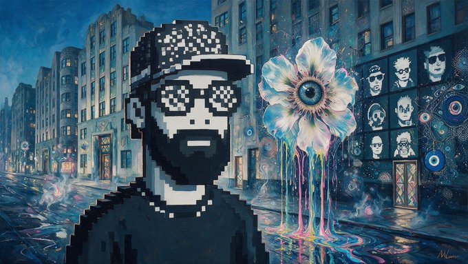 A pixel-art style portrait of a bearded man wearing pixelated glasses and a cap, set against a painted nighttime cityscape with a surreal flower featuring an eye in the center and floating skull icons on a wall.