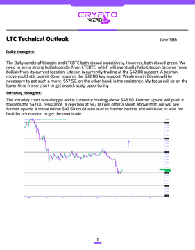 The image shows a sheet of paper titled "LTC Daily Technical Outlook" with a purple background and black text, which is likely an overview or analysis of Bitcoin trading trends. It features two graphs depicting the closing prices of Litecoin and Bitcoin over time, and there are mentions of closing price patterns, the daily closing price chart for both coins, and their relationship to potential moves in the market. The post indicates a technical outlook focusing on the current state of these cryptocurrency markets, highlighting possible strategies or actions investors can take as a result of the observed trends.