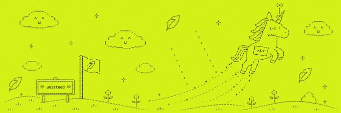 A whimsical green illustration shows a unicorn carrying a briefcase labeled "PEPE" flying toward a flag labeled "unlisted," symbolizing the trader's leap from memecoin success into launching his new AI agent @un1_fun.