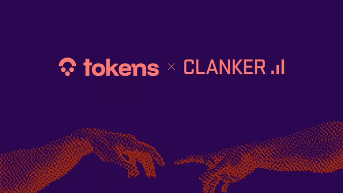A purple graphic displays the text 'tokens x CLANKER' above a pixelated orange 'Creation of Adam' style hand-reach image.
