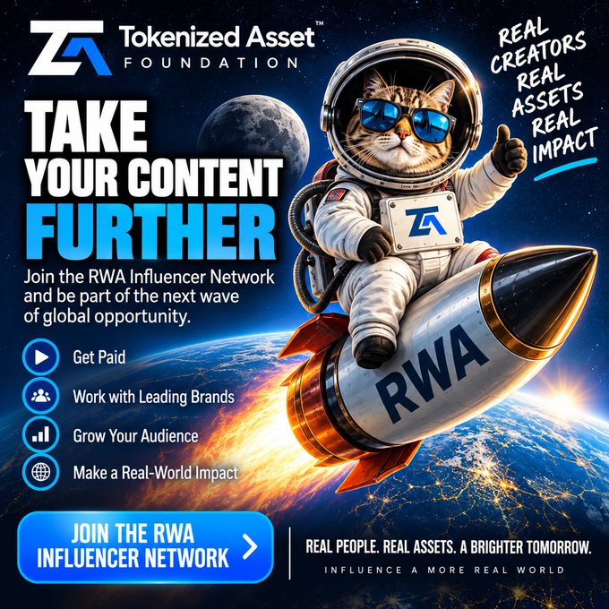 A promotional graphic for the Tokenized Asset Foundation featuring a cool cat astronaut wearing blue sunglasses and riding an "RWA"-labeled rocket into space above Earth, with the headline "TAKE YOUR CONTENT FURTHER" and the tagline "REAL CREATORS. REAL ASSETS. REAL IMPACT." The image invites viewers to "JOIN THE RWA INFLUENCER NETWORK," aligning with the post's announcement of the network's 10-1-26 launch at stofdn.com/rwa-influencers.