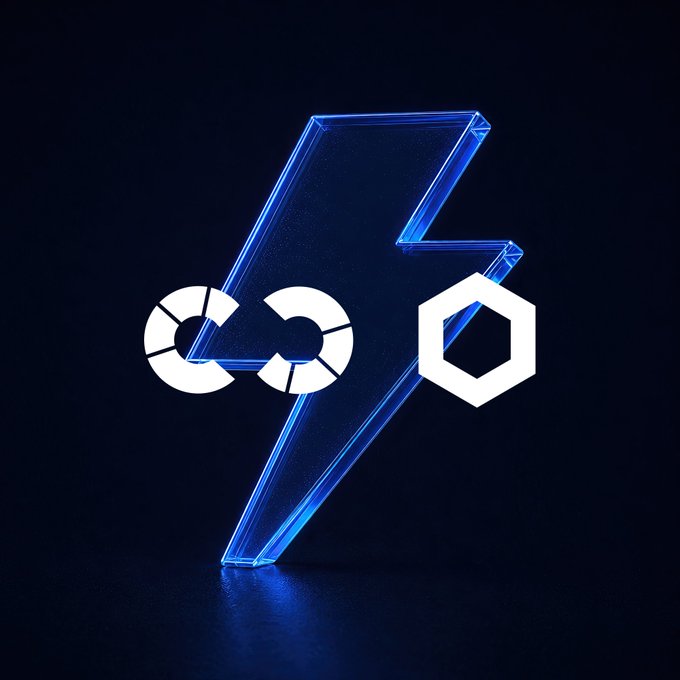 A 3D-rendered glowing blue lightning bolt symbol behind white blockchain icons on a dark background.