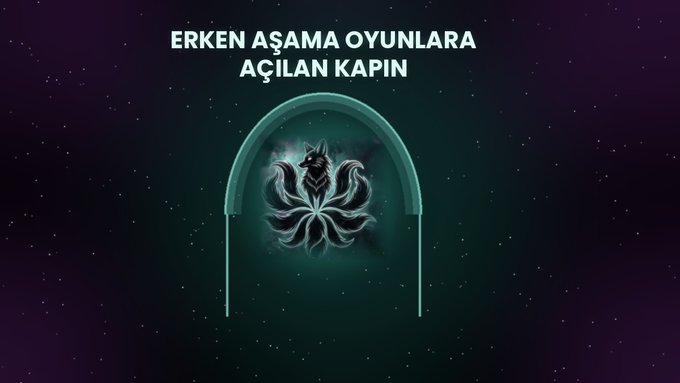 Promotional graphic with Turkish text 'ERKEN AŞAMA OYUNLARA AÇILAN KAPIN' (The door opening to early stage games) above an arched portal containing the nine-tailed fox emblem from the Keijo project, set against a cosmic starry background.