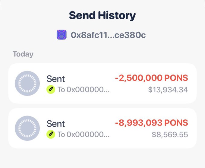 A "Send History" screen displays two transactions from wallet 0x8afc11...ce380c, showing 2,500,000 PONS ($13,934.34) and 8,993,093 PONS ($8,569.55) sent to address 0x000000 (a burn address) today. Combined, these 11,493,093 PONS tokens (≈$22,500) illustrate the burn event referenced in the post, which claims this 1.4% supply burn would now be valued at over $2.15 million.