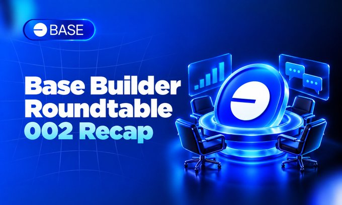 A vibrant blue graphic titled "Base Builder Roundtable 002 Recap" featuring the Base logo, a stylized roundtable with chairs, and floating screens displaying charts and chat bubbles, visually representing the collaborative discussion among builders like Luis from Aerodrome, Donjon from Virtuals, and others about tokenization on Base.