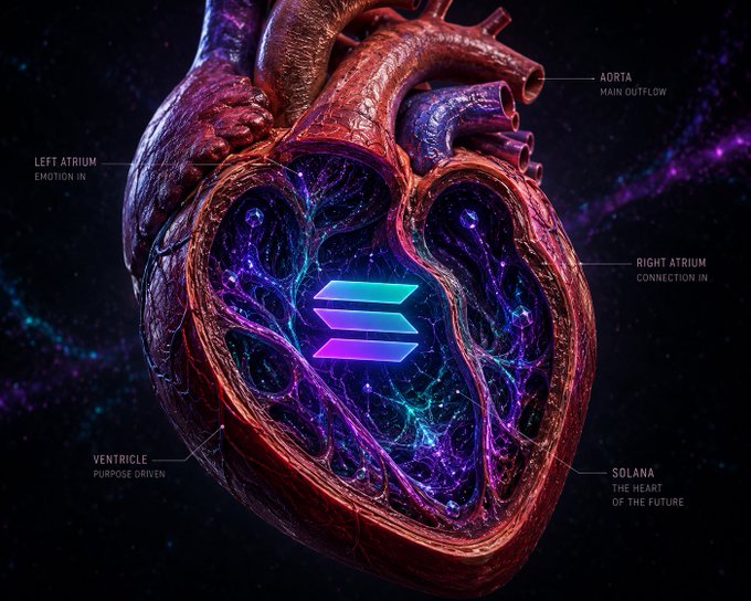 A cosmic anatomical heart labeled with the Solana logo at its core, surrounded by text identifying its parts—including "SOLANA - THE HEART OF THE FUTURE," "AORTA - MAIN OUTFLOW," "LEFT ATRIUM - EMOTION IN," "RIGHT ATRIUM - CONNECTION IN," and "VENTRICLE - PURPOSE DRIVEN"—symbolically framing Solana as the vital, futuristic center of the crypto ecosystem.