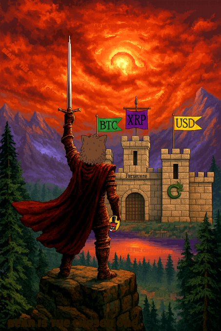 A pixel-art warrior with a sword and red cape stands on a rocky ledge before a castle displaying flags labeled 'BTC', 'XRP', and 'USD', under a dramatic red sky with a swirling vortex.