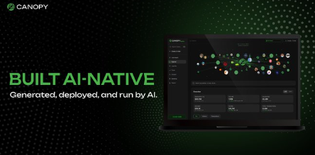 The image is a promotional graphic for Canopy Network (CNPYNetwork) featuring the bold text "BUILT AI-NATIVE" and the tagline "Generated, deployed, and run by AI" alongside a dark-themed dashboard interface showing AI application cards and network statistics, illustrating the post's message about how Canopy empowers builders to launch their own AI-driven blockchain infrastructure with full control over blockspace and rules.
