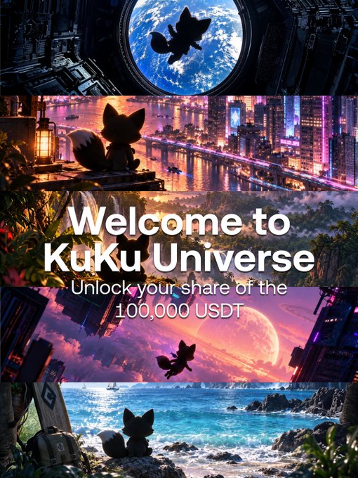 A promotional collage featuring a black cat silhouetted against five fantastical worlds—a space station, neon city, jungle, alien planet, and tropical island—with bold text reading "Welcome to KuKu Universe. Unlock your share of the 100,000 USDT," tying into KuCoin's campaign unlocking the five themed worlds.