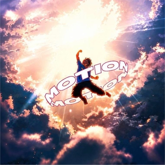 A character leaps triumphantly through a dramatic, sun-drenched cloudscape with the word "MOTION" displayed prominently in stylized white text, perfectly complementing the post's message of seizing momentum to climb to the top.