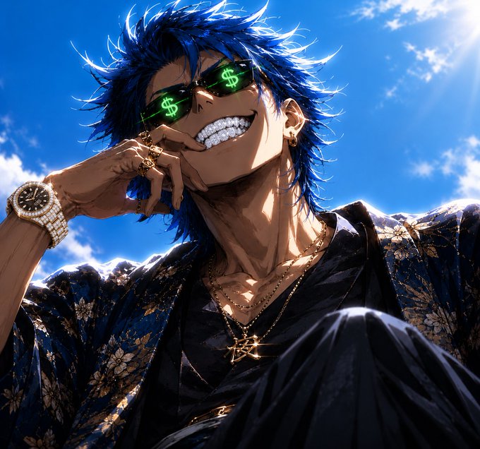 An anime-style digital illustration of a smiling young man with spiky blue hair, wearing green dollar sign sunglasses ('$$'), a diamond-encrusted watch, gold chains, and a floral patterned jacket against a blue sky.