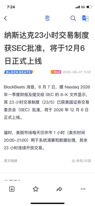 A mobile screenshot shows a BlockBeats news article in Chinese with the headline about Nasdaq's 23-hour trading schedule receiving SEC approval for a December 6 launch, dated 2026-08-07.