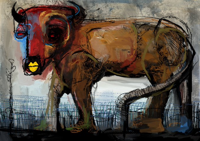 An expressive painting of a stylized animal, possibly a buffalo or similar creature, rendered in bold red, orange, and yellow tones against a muted gray background, with yellow circular markings on its side.