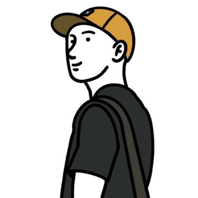 A cartoon-style illustration of a young man wearing an orange baseball cap and a black t-shirt, looking over his shoulder.