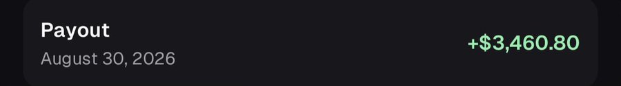 A dark-themed transaction record shows a Payout of +$3,460.80 dated August 30, 2026. The substantial earnings align with the user's shocked post about only making two calls on PumpFun, suggesting a surprisingly profitable outcome from minimal trading activity.