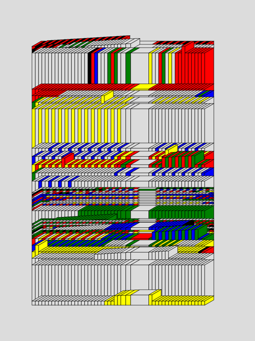 Abstract 3D voxel artwork with a glitch-art aesthetic, featuring bands of colored cubes (red, yellow, blue, green) in a vertical rectangular composition.