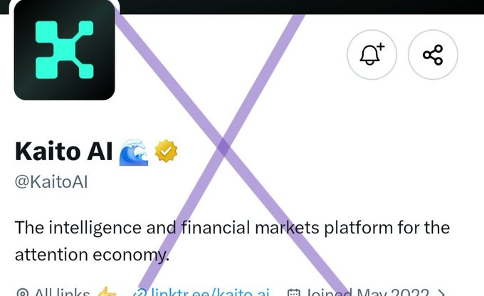A large purple "X" is drawn over the Twitter/X profile of Kaito AI (@KaitoAI), which features their cyan "K" logo on a black background and describes itself as "The intelligence and financial markets platform for the attention economy," joined May 2022. The cross-out mark visually symbolizes the poster's rejection or criticism of Kaito, aligning with their accusation that the project created fake hype and sold off its own tokens after pumping the price.