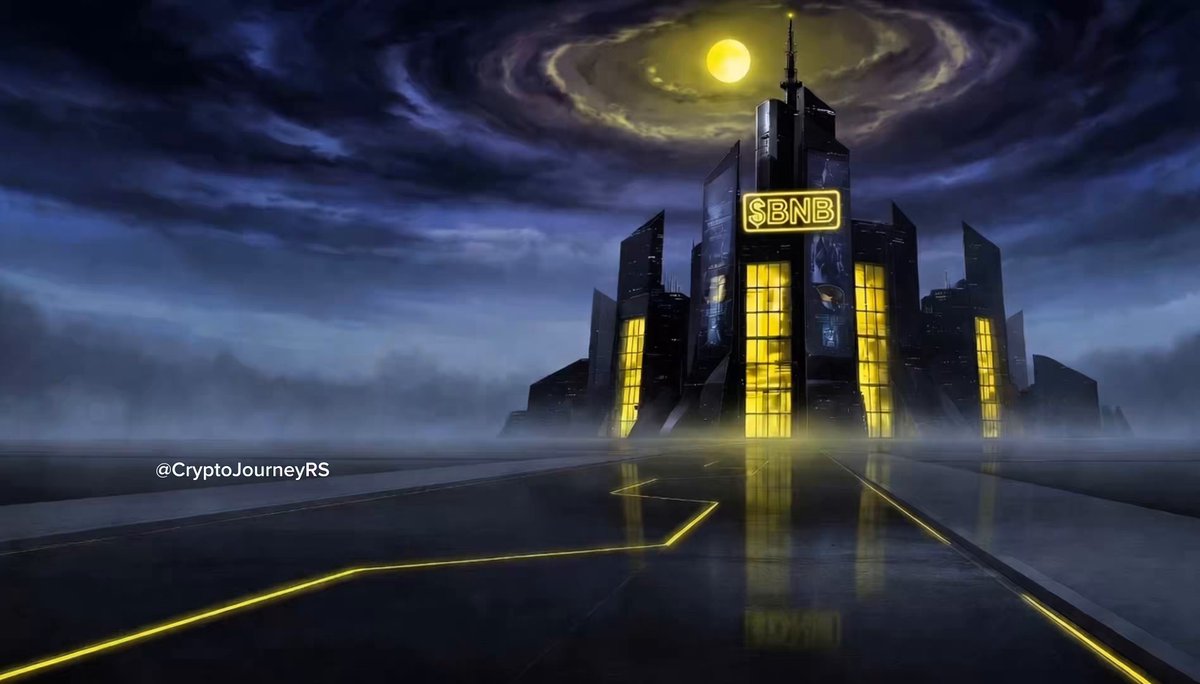 The image features an illustration of a cityscape with a tall building, possibly a skyscraper or a large office building, surrounded by other buildings. The sky above appears dark and cloudy, creating a moody atmosphere. In the foreground, there is a yellow line running across the street, which could be a cautionary measure for drivers to stay clear of it. The image also includes text that reads "cyclingjourney.com" and "is @cz_binance too powerful?". This suggests that the image might have been created by someone who is interested in cryptocurrency or has an opinion about its impact on the market.