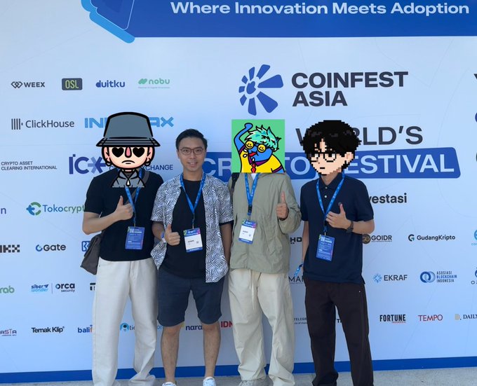 Four individuals pose in front of a CoinFest Asia step-and-repeat banner that reads 'Where Innovation Meets Adoption' and 'World's Crypto Festival,' with three faces obscured by cartoon avatars.