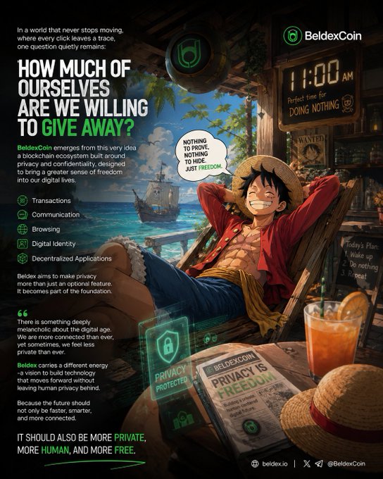 BeldexCoin promotional poster featuring an anime-style character relaxing in a hammock with a speech bubble reading 'NOTHING TO PROVE, NOTHING TO HIDE, JUST FREEDOM,' highlighting the tagline 'HOW MUCH OF OURSELVES ARE WE WILLING TO GIVE AWAY?'
