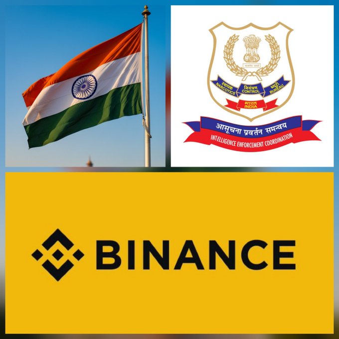 The image displays the Indian national flag, the Narcotics Control Bureau (India) emblem with "आसूचना प्रवर्तन समन्वय / INTELLIGENCE ENFORCEMENT COORDINATION" text, and the Binance logo, visually representing the collaboration between Indian law enforcement and Binance described in the caption.