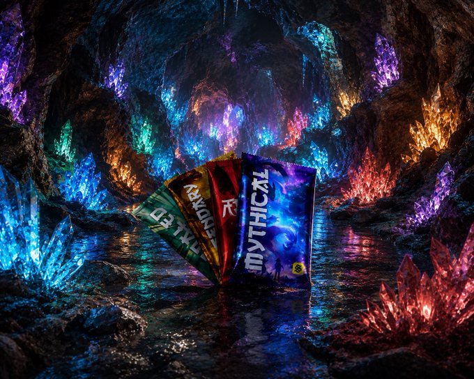Colorful gummy candies branded 'MYTHICAL' are fanned out inside a dark cave illuminated by glowing crystals in rainbow hues.